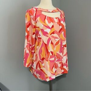 Susan Graver 1X Hot Melon Printed Liquid Knit 3/4 Sleeve Blouse w/ Cutout Detail